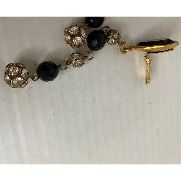 Gold & Black Faceted Glass Beads Clip-On Dangle Earrings With Rhinestone Accents - Picture 3 of 3